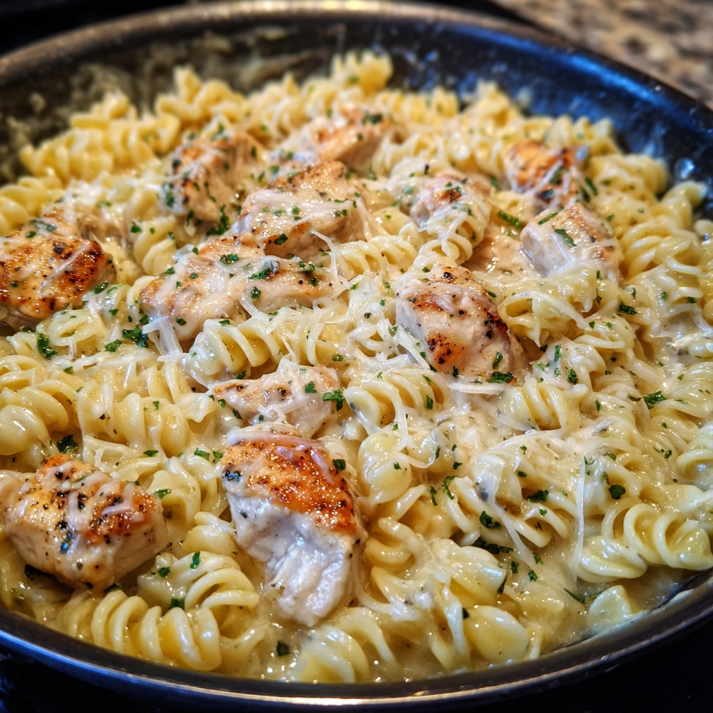 Golden chicken tossed with rotini in rich parmesan sauce