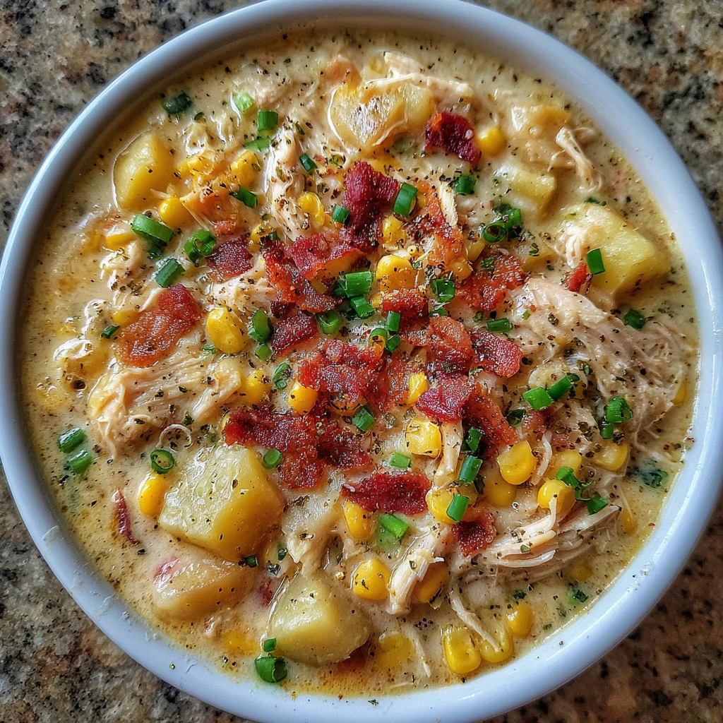 Creamy chicken corn chowder in a bowl with spoon and garnish