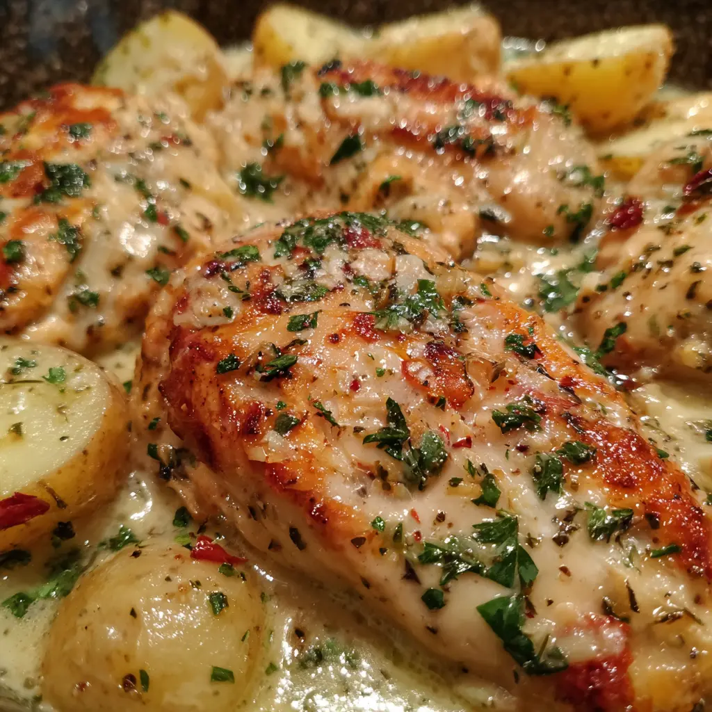 Creamy chicken and potatoes cooked low and slow in crockpot