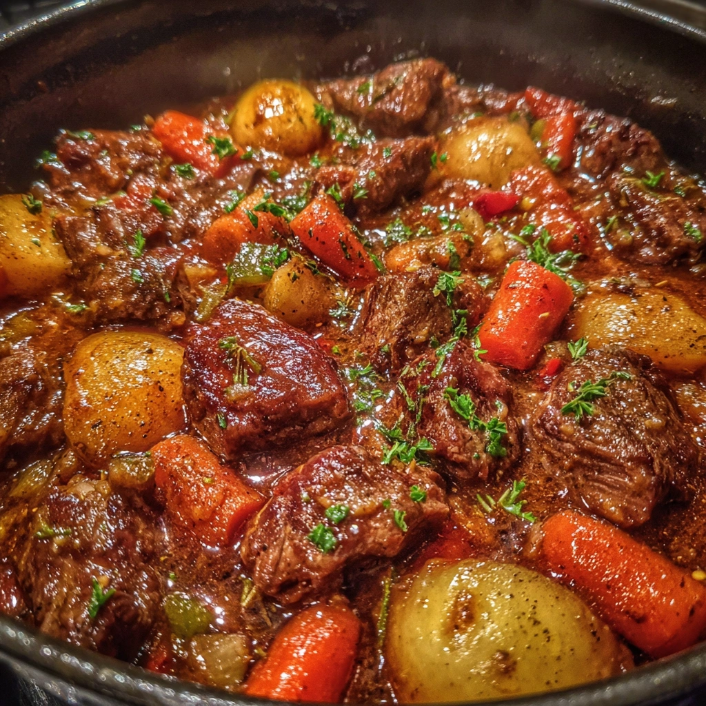 Hearty beef stew with carrots and potatoes in a dark pot