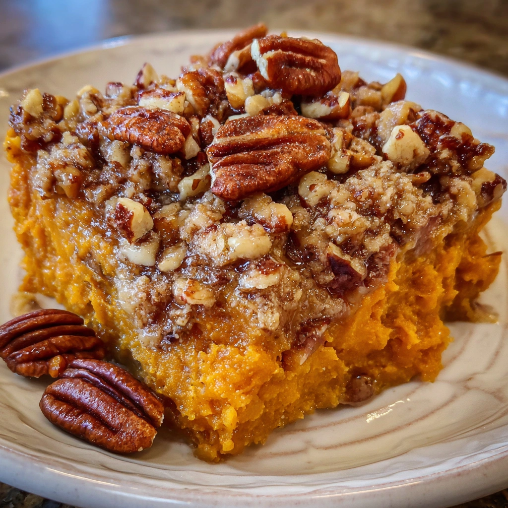 A serving of sweet potato casserole with crumbly brown sugar topping