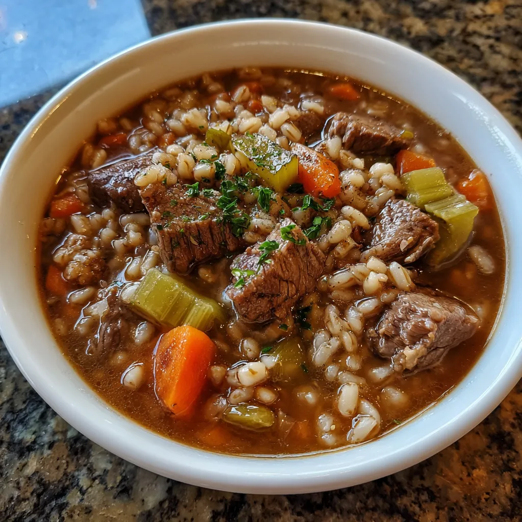 Close-up of beef and barley texture