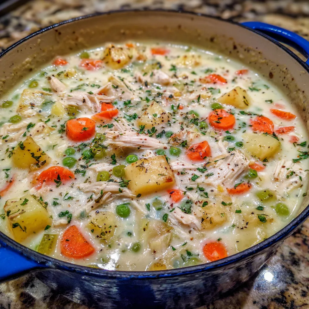 Pot of chicken pot pie soup
