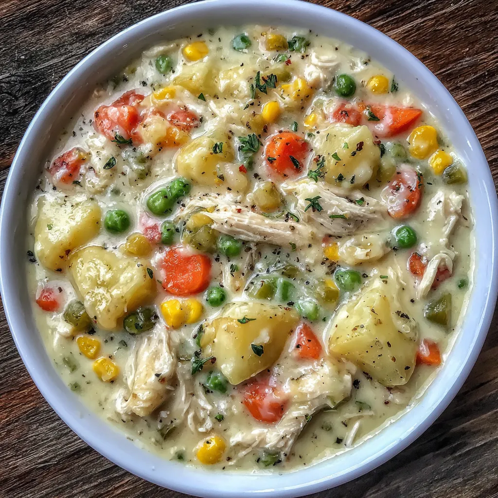Pot of chicken pot pie soup