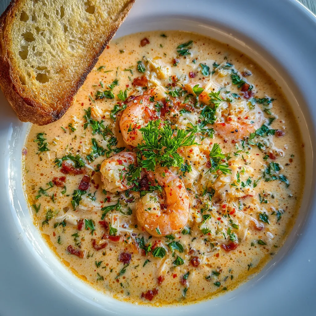 Close-up of creamy seafood bisque