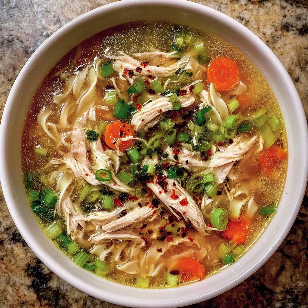 Close-up of chicken noodle soup