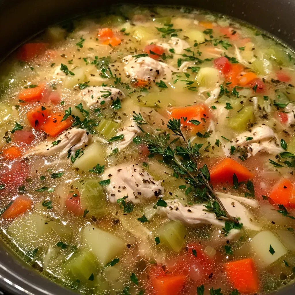 Pot of chicken soup simmering