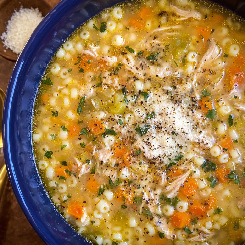 Pot of simmering chicken soup