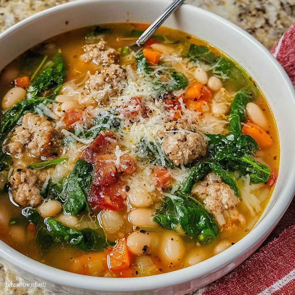 Close-up of white bean sausage soup
