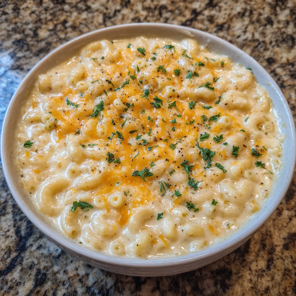 Bowl of mac and cheese soup