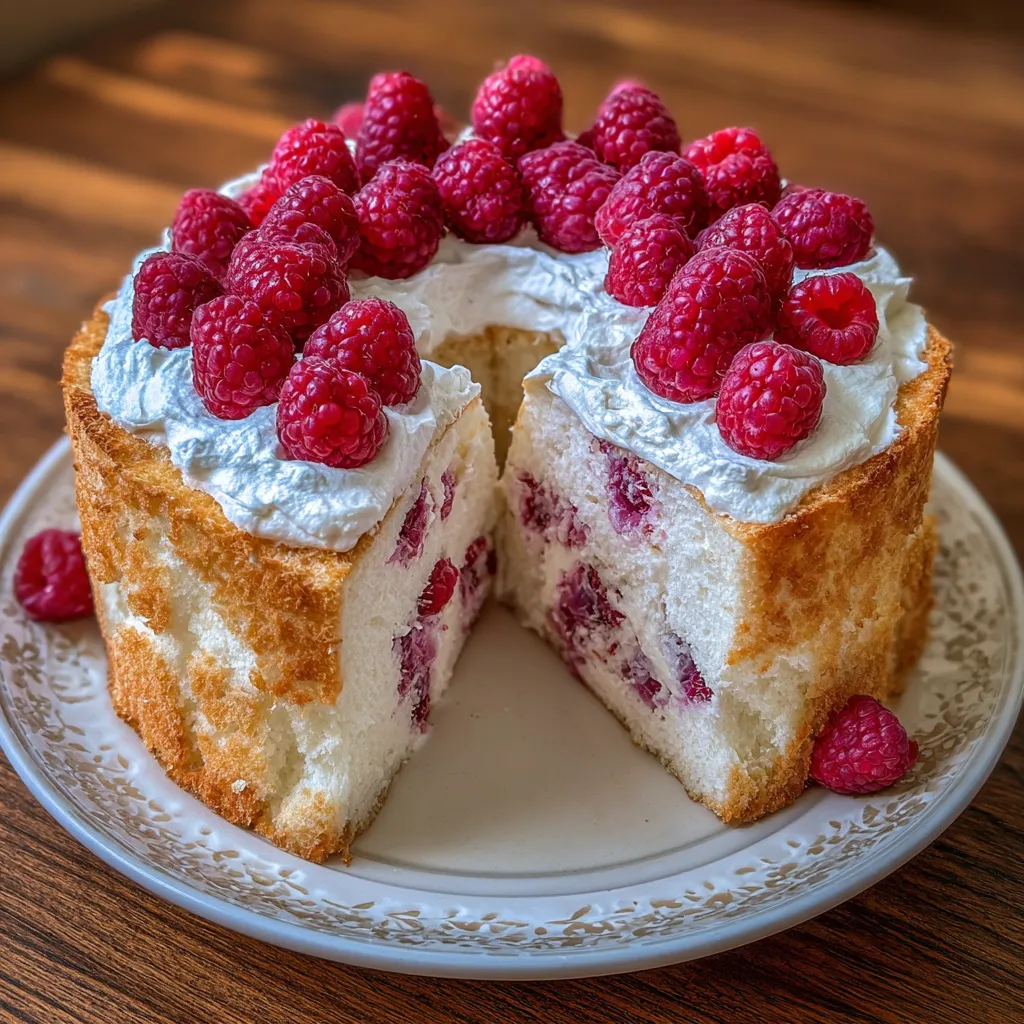 Raspberry angel food cake slice
