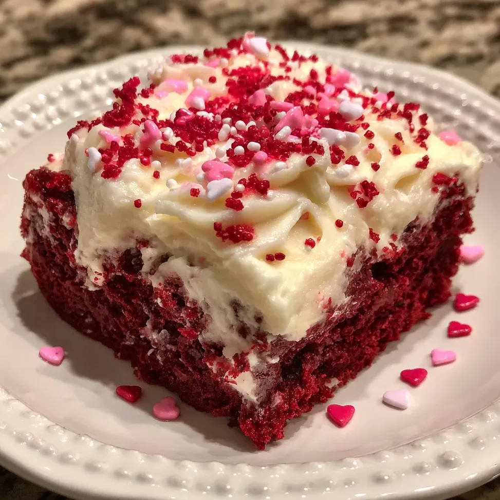 Red velvet poke cake slice