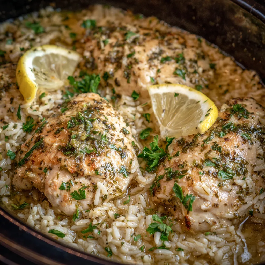 Lemon chicken and rice close-up