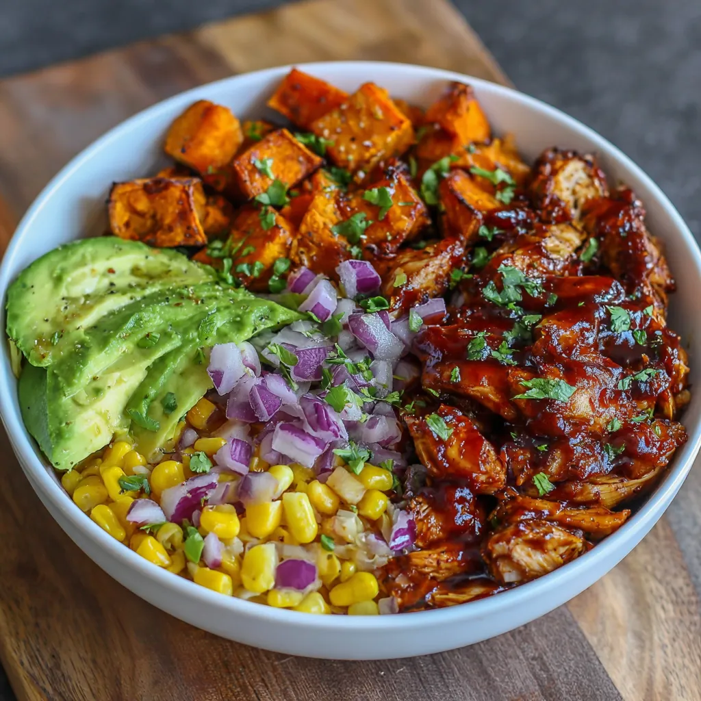 Barbecue chicken bowl with avocado