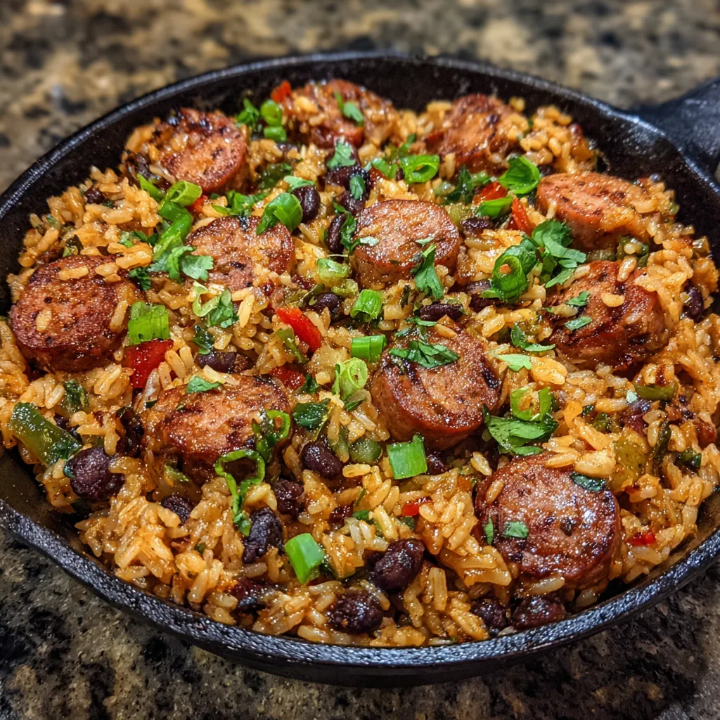 Smoky sausage rice and beans skillet