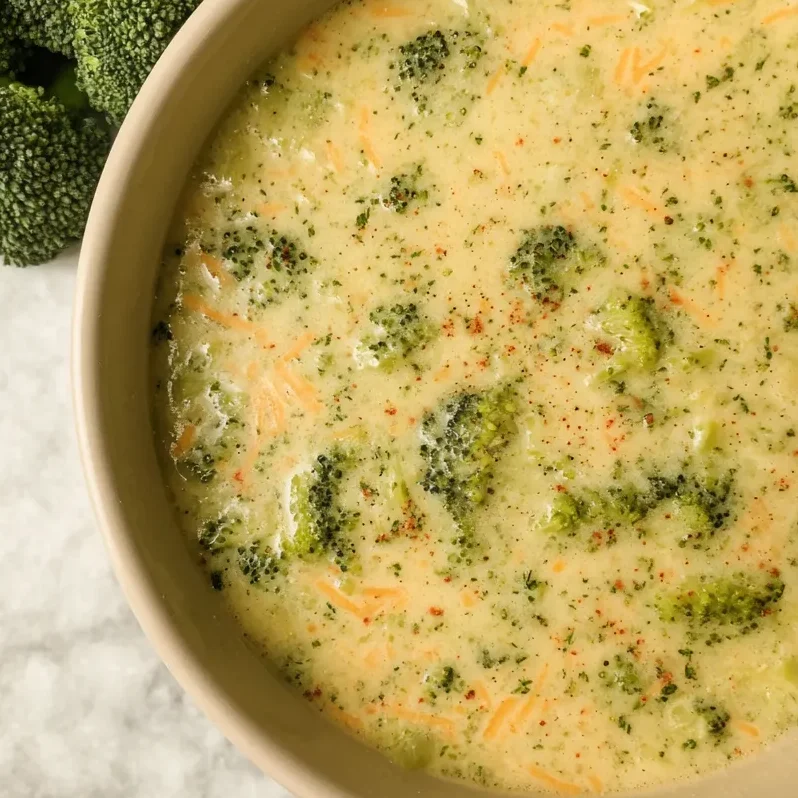 Creamy broccoli cheddar soup bowl