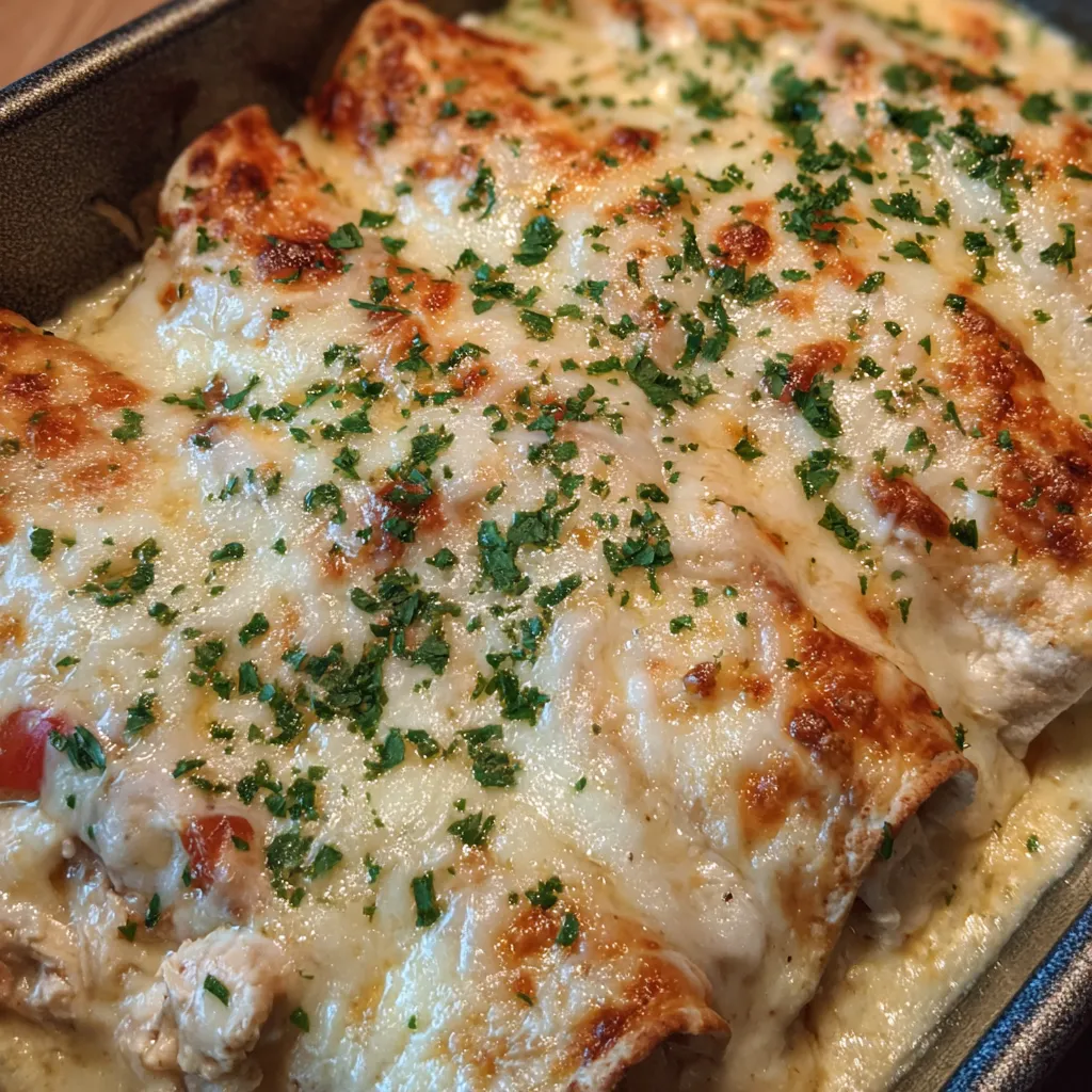 Creamy baked chicken enchiladas close-up