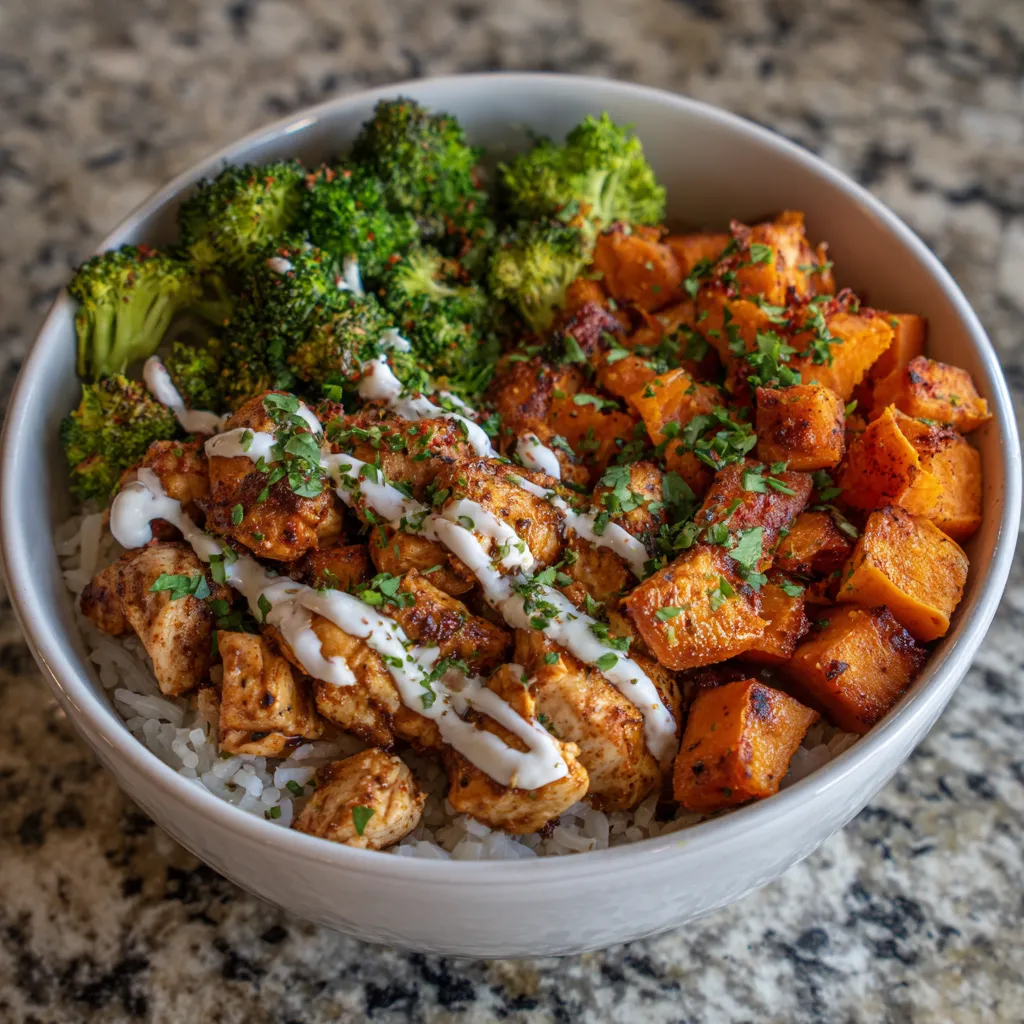 Chicken rice bowl served