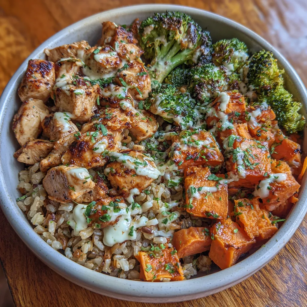Healthy chicken rice bowl close-up