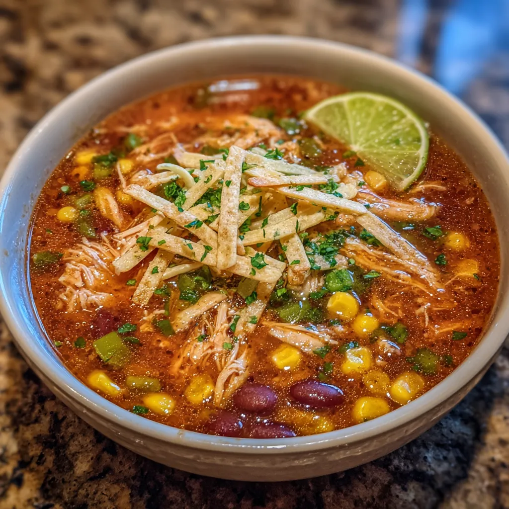 Tex Mex chicken soup with toppings