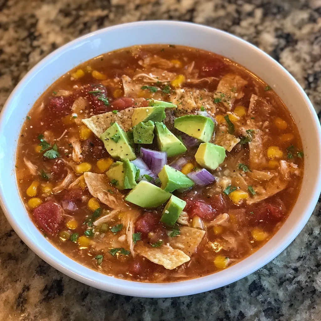 Creamy tortilla soup close-up