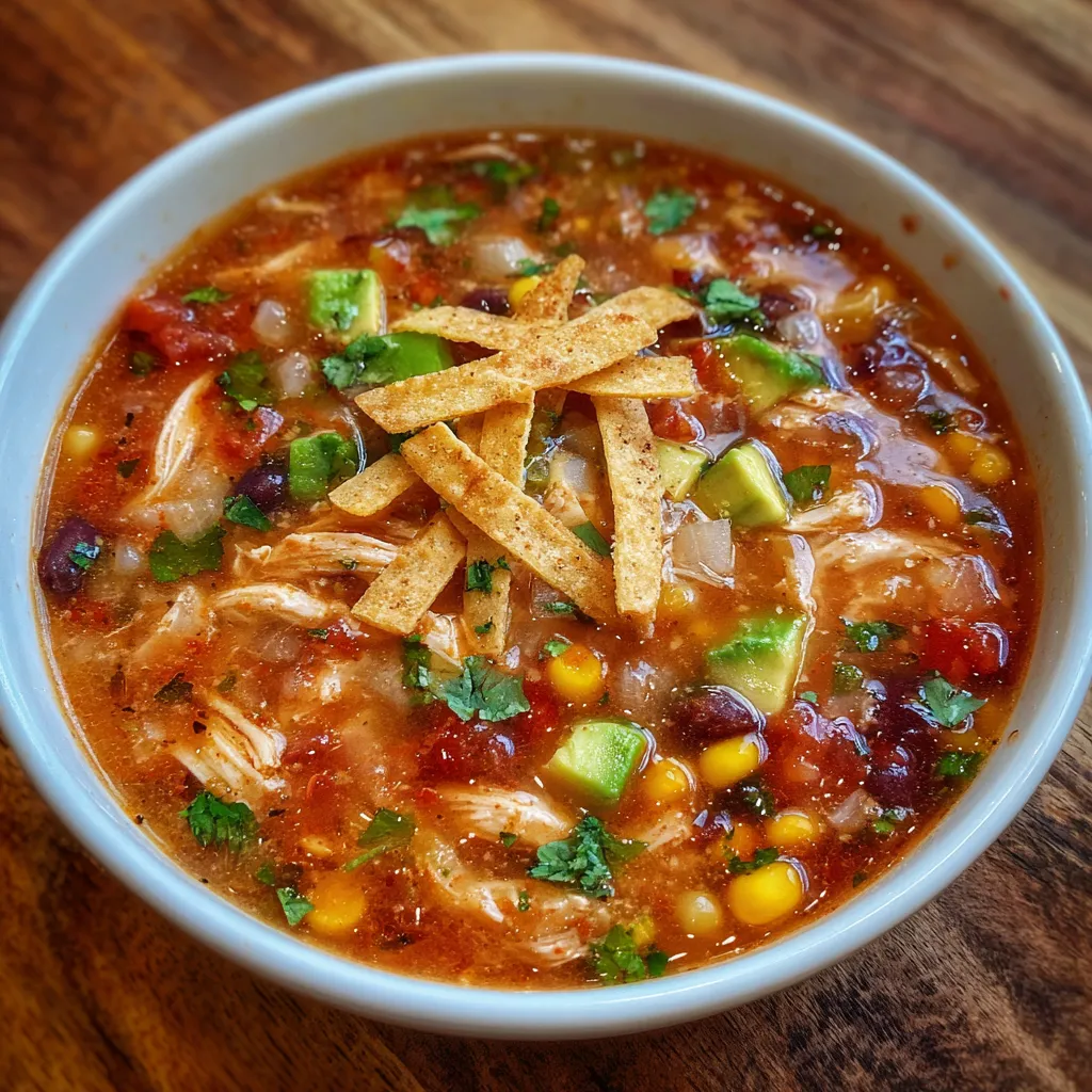 Chicken tortilla soup bowl close-up