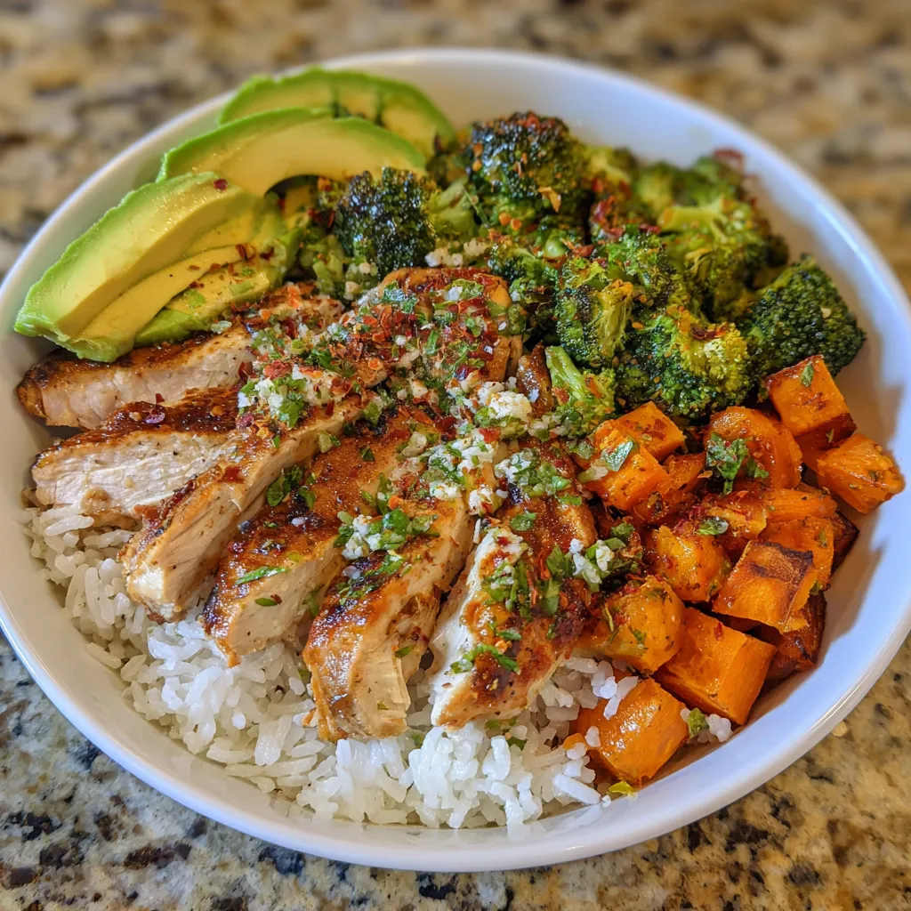 Healthy chicken rice bowl with sweet potatoes