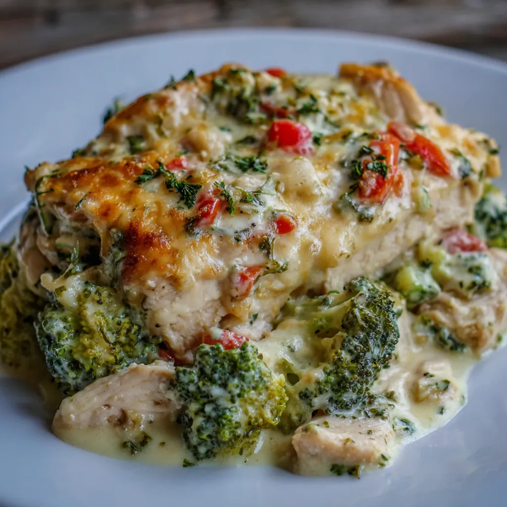 Cheesy chicken broccoli casserole close-up