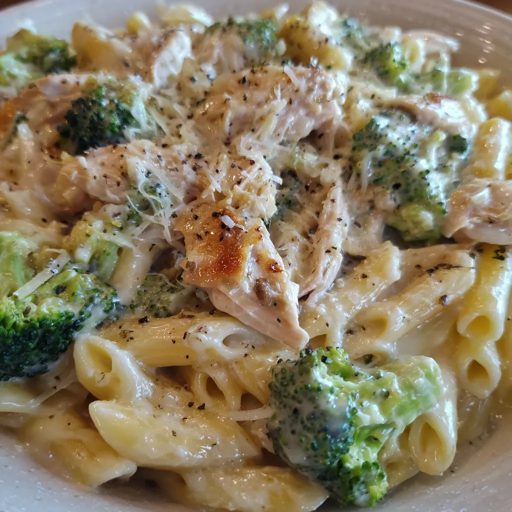 Chicken broccoli pasta close-up