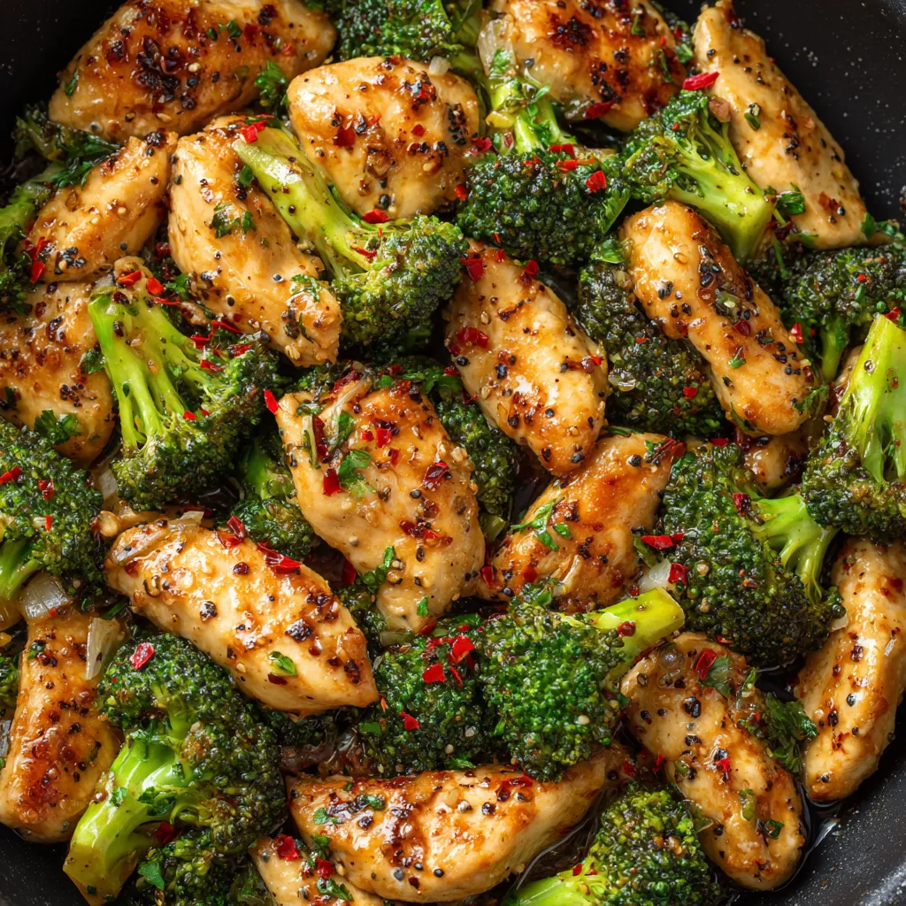 Chicken and broccoli in pan