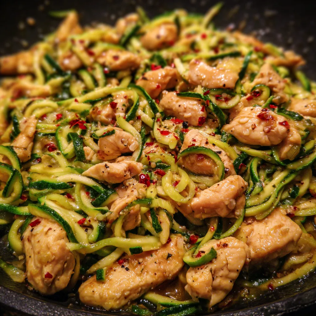 Chicken zoodle stir fry close-up