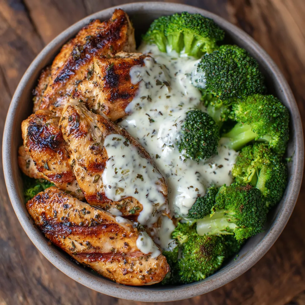 Chicken broccoli bowl close-up