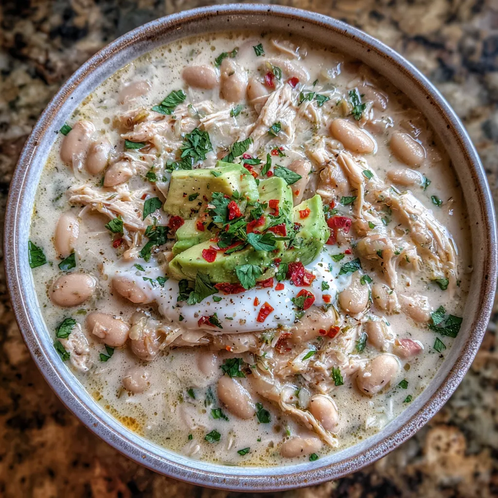 Creamy white chicken chili bowl
