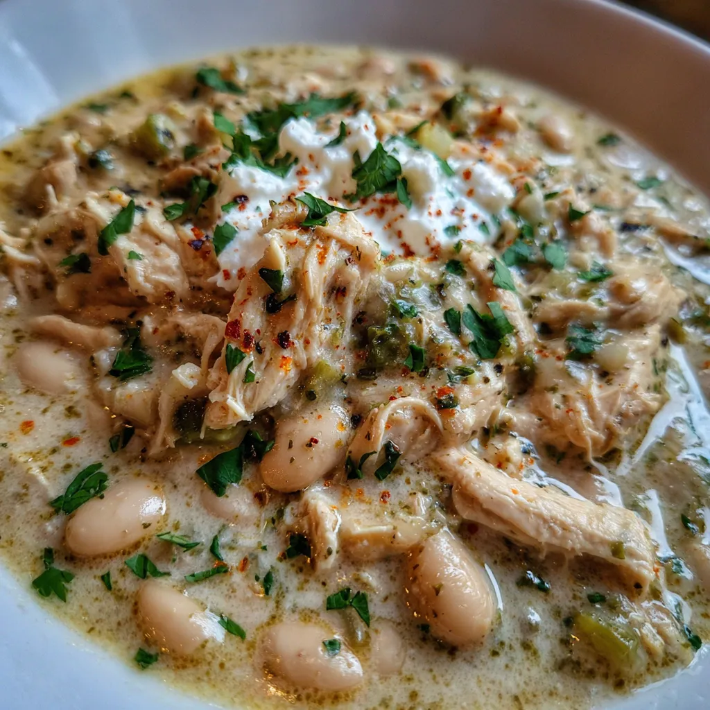 Macro friendly white chicken chili close-up