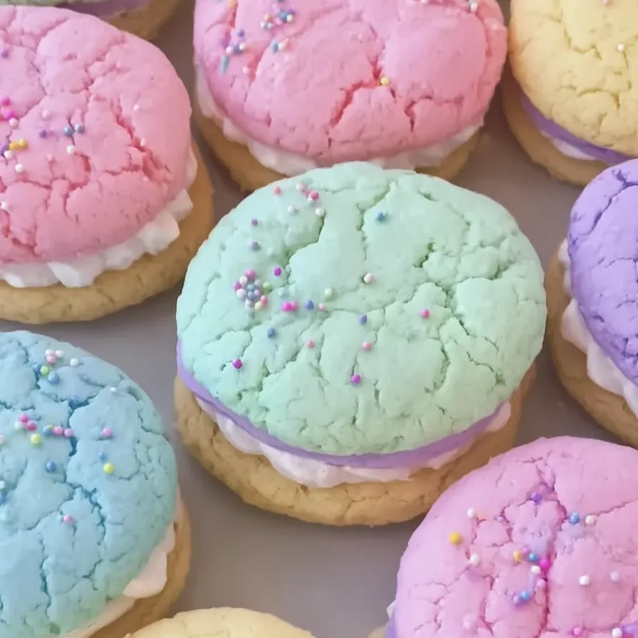Frosted sandwich cookies stacked