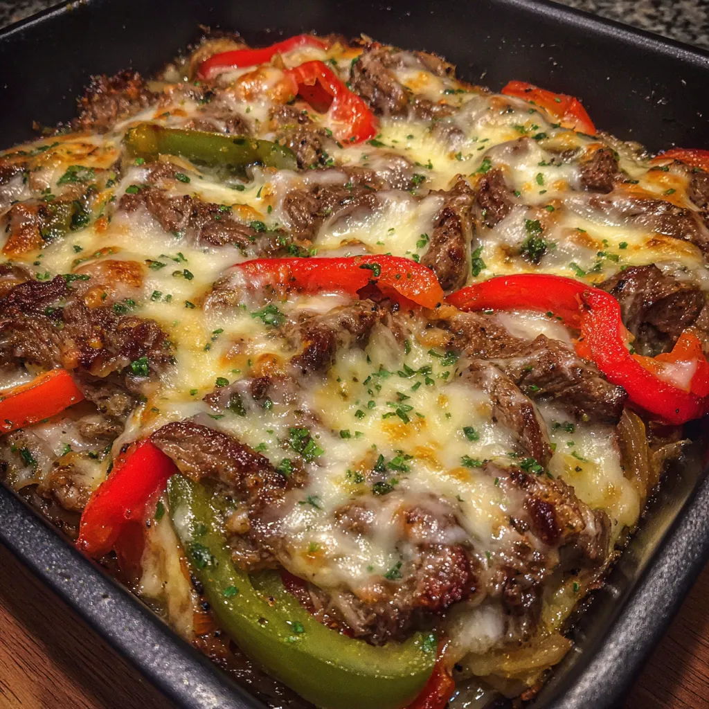 Baked cheesesteak casserole dish