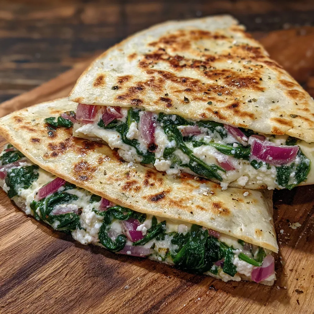 Spinach feta mozzarella quesadilla closeup