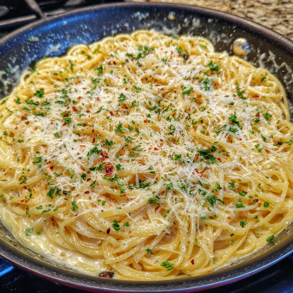 Creamy garlic pasta close-up
