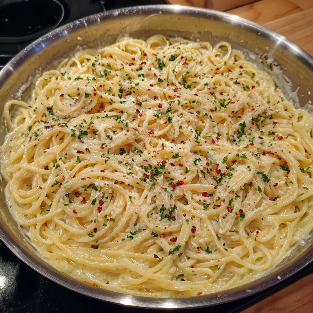Garlic pasta in skillet