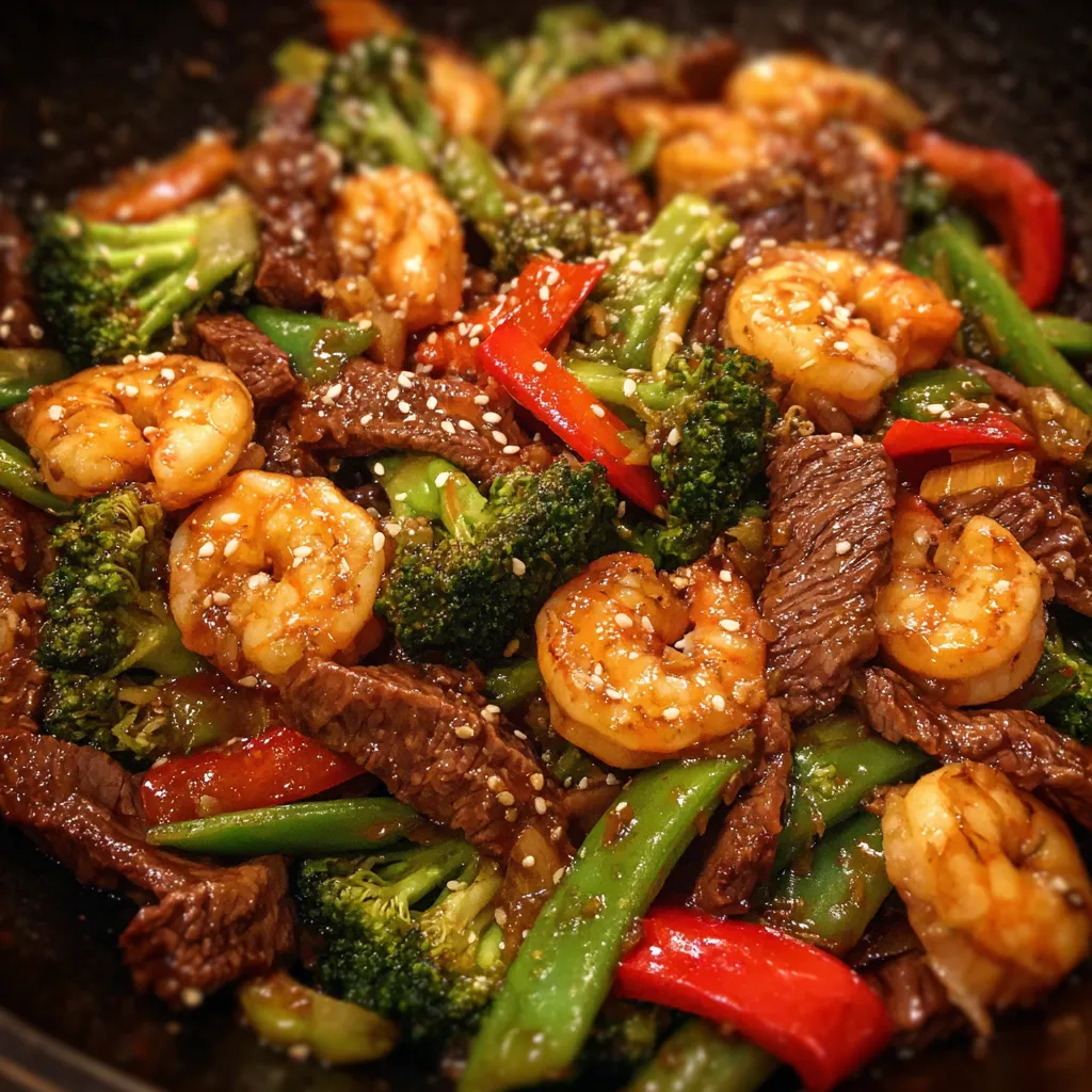 Healthy steak shrimp vegetable stir fry