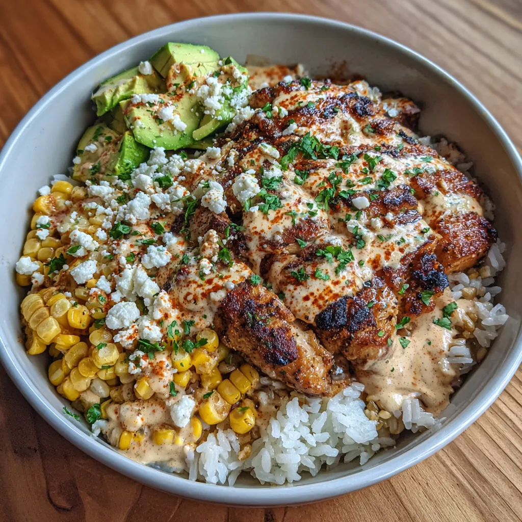 Charred corn chicken rice bowl close-up