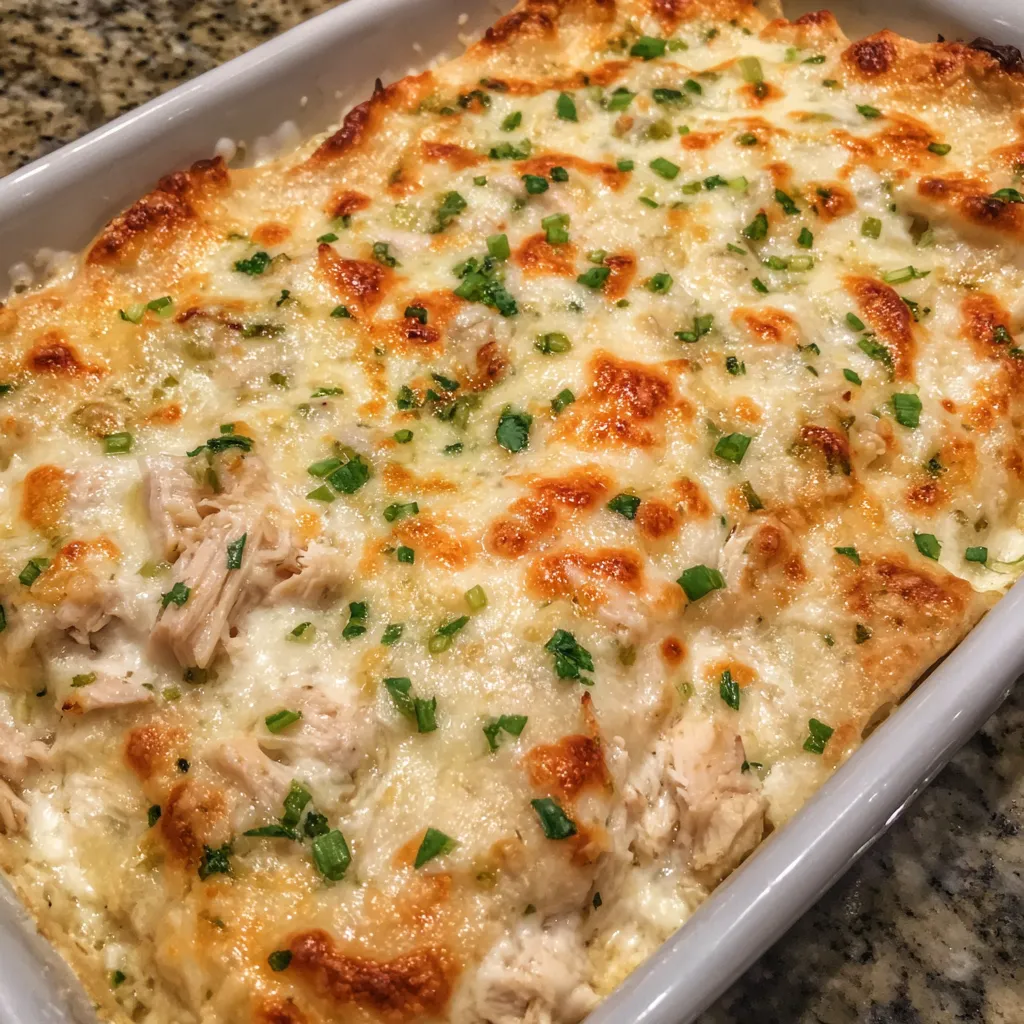 Creamy chicken enchilada casserole close-up