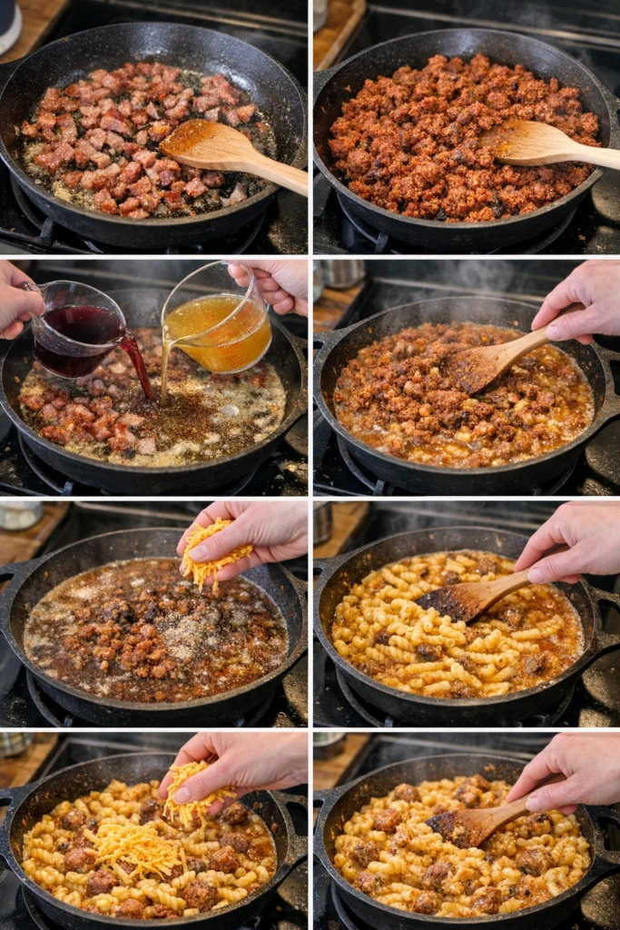 BBQ Ranch Meatball Cheddar Pasta Skillet