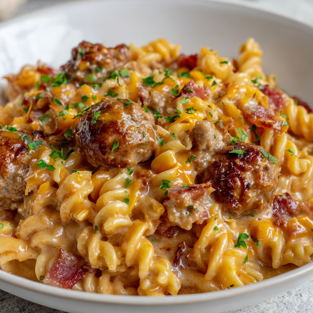 BBQ Ranch Meatball Cheddar Pasta Skillet