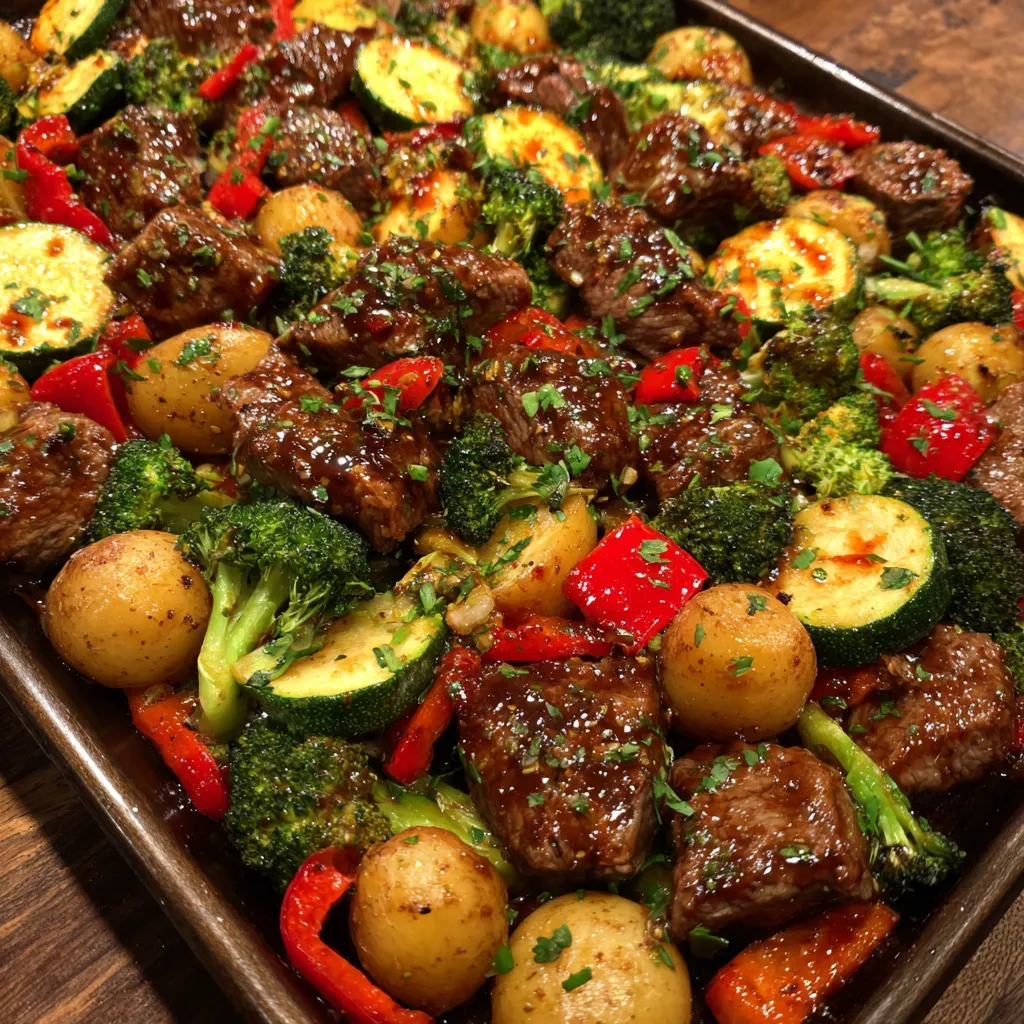 Balsamic glazed steak tips and vegetables