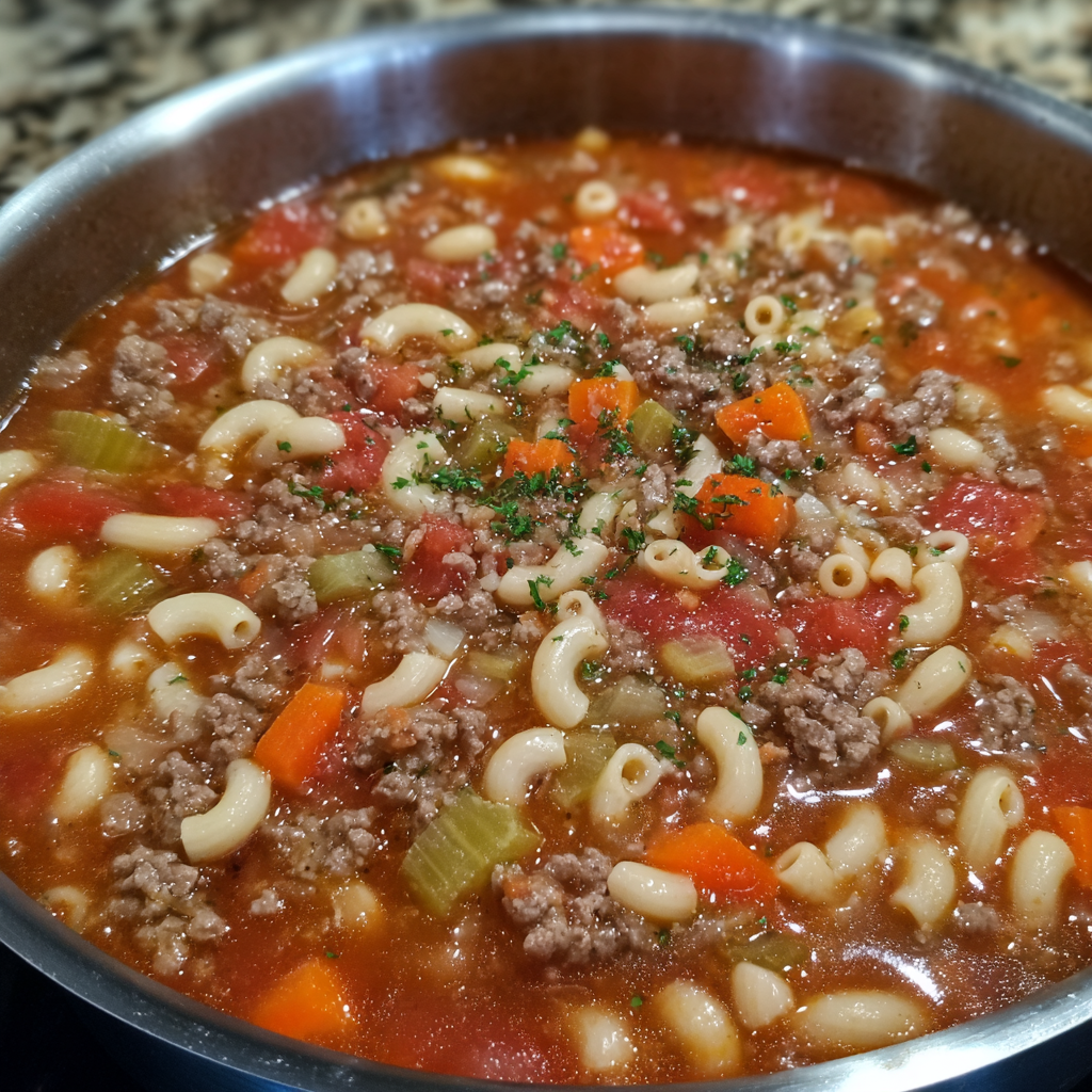 Tomato beef macaroni soup bowl