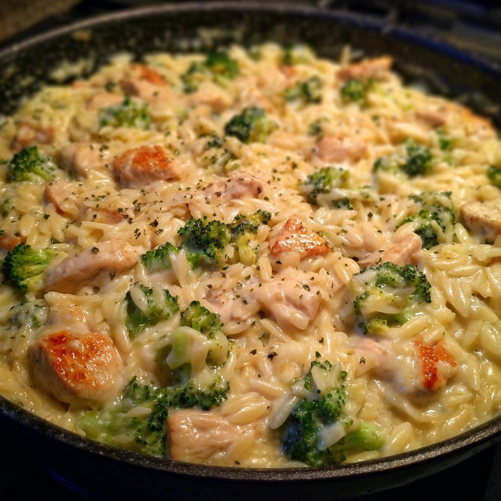 Cheesy chicken broccoli orzo