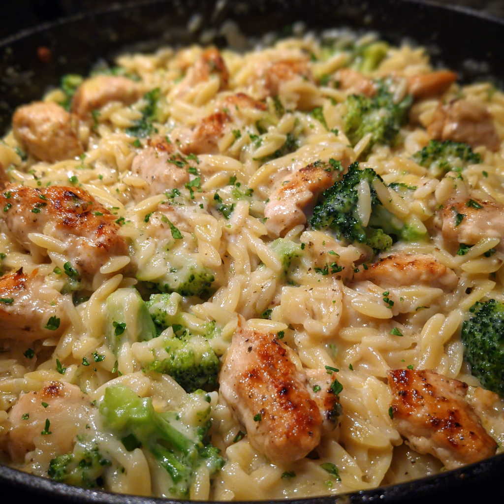 Chicken broccoli orzo dinner bowl