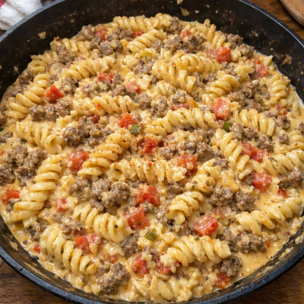 Creamy Rotel Pasta with Ground Beef
