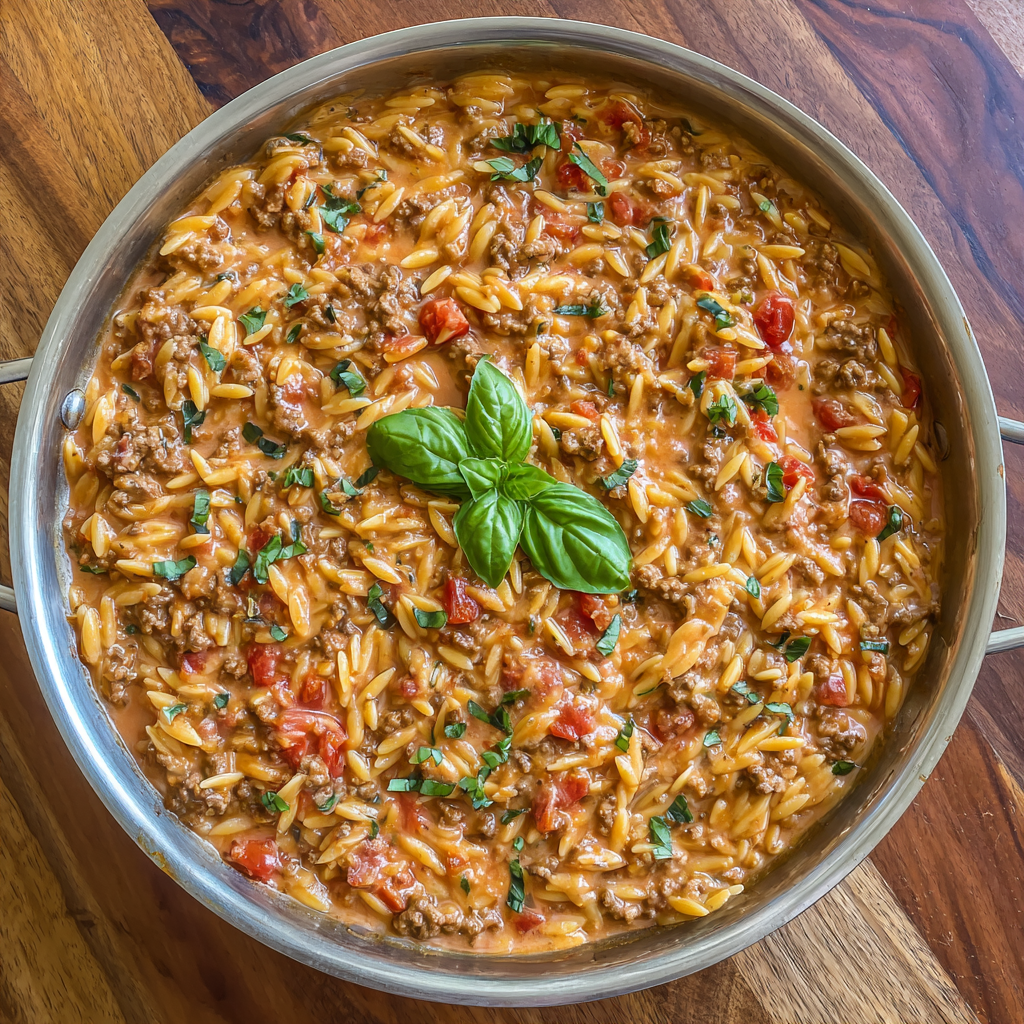 Creamy Tomato Ground Beef Orzo Dinner